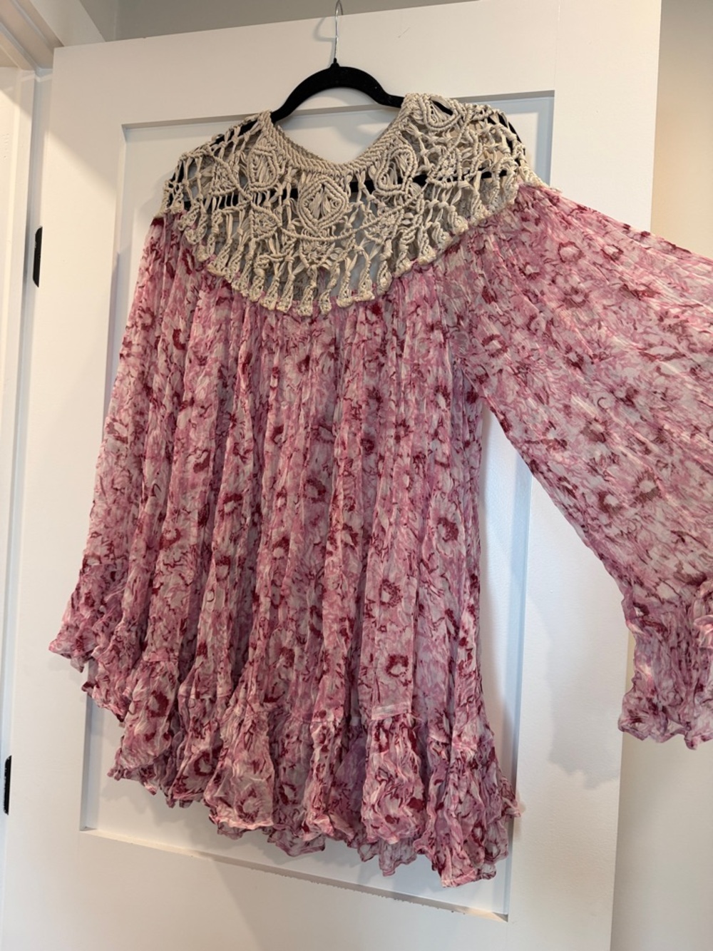 Free People Pink Floral Crochet-Yoke Tunic